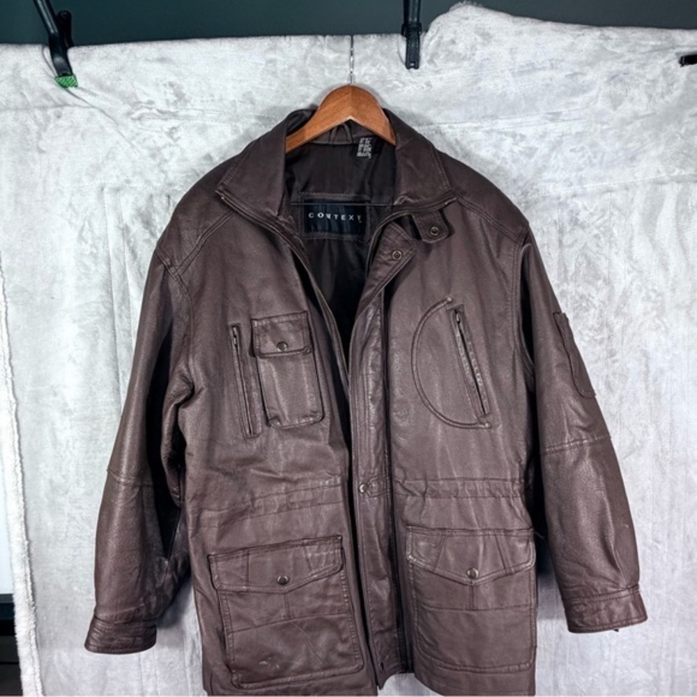 Context Leather Field Jacket Men’s Size M Brown Zip Front Pockets Vintage